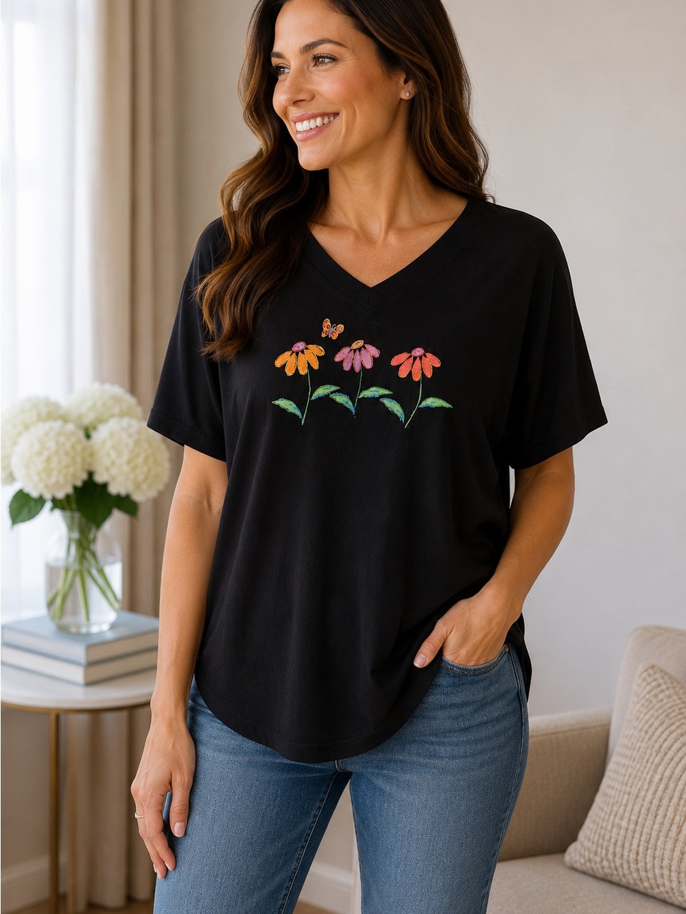 fresh produce Black Short-Sleeve V-Neck Top with Floral Embroidery